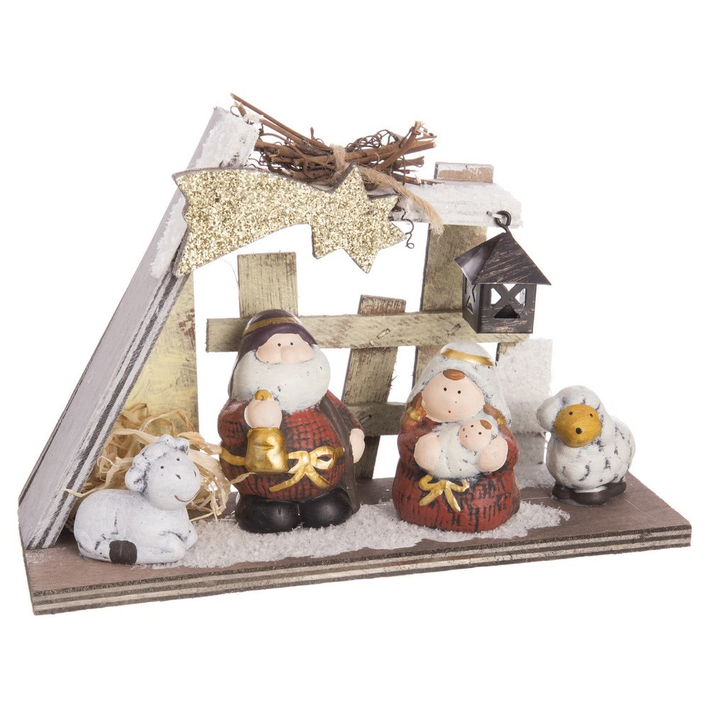 LOLAhome Belén de Navidad con Portal y 4 Figuras Infantil con luz led de 24x14 cm 